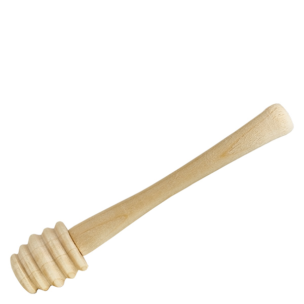 WECK-Mini-Sturzglas 140ml komplett mit Honiglöffel Honiglöffel aus Ahornholz 10,5 cm lang mit gerilltem Kopf zum Dosieren von Honig auf weißem Hintergrund