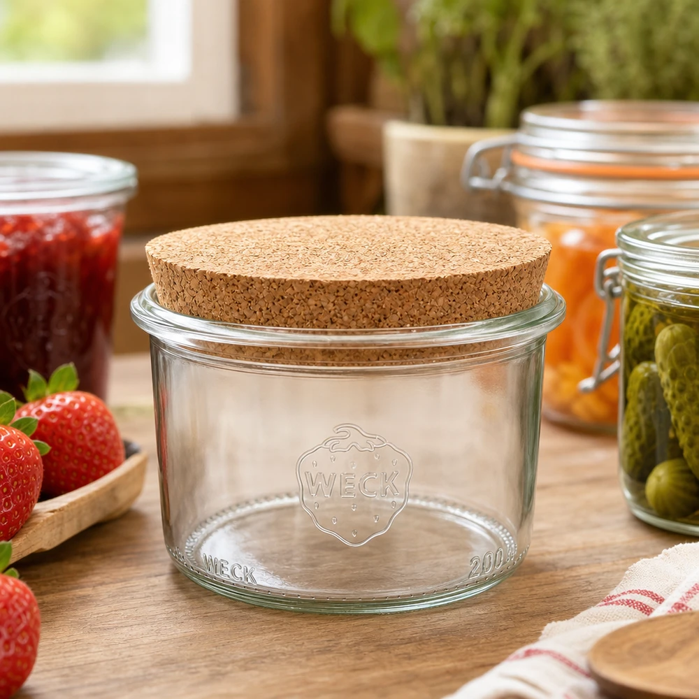 200ml Sturzglas WECK RR80 mit Korken natur WECK Einmachglas 200ml RR80 mit Korkdeckel in rustikaler Küche neben Marmelade und eingelegten Gurken