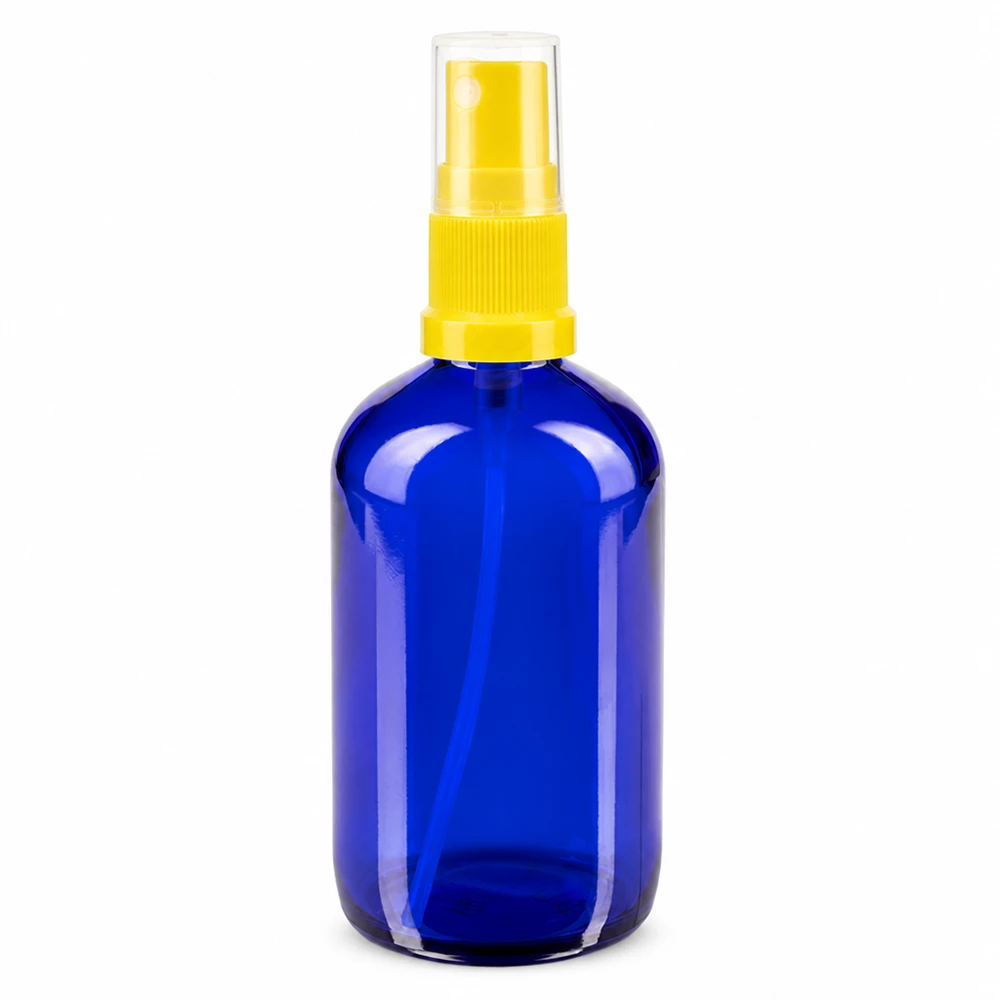Blaue UV-Schutz Glassprayflasche 100ml mit gelbem Pumpmechanismus Standard ApoGlas