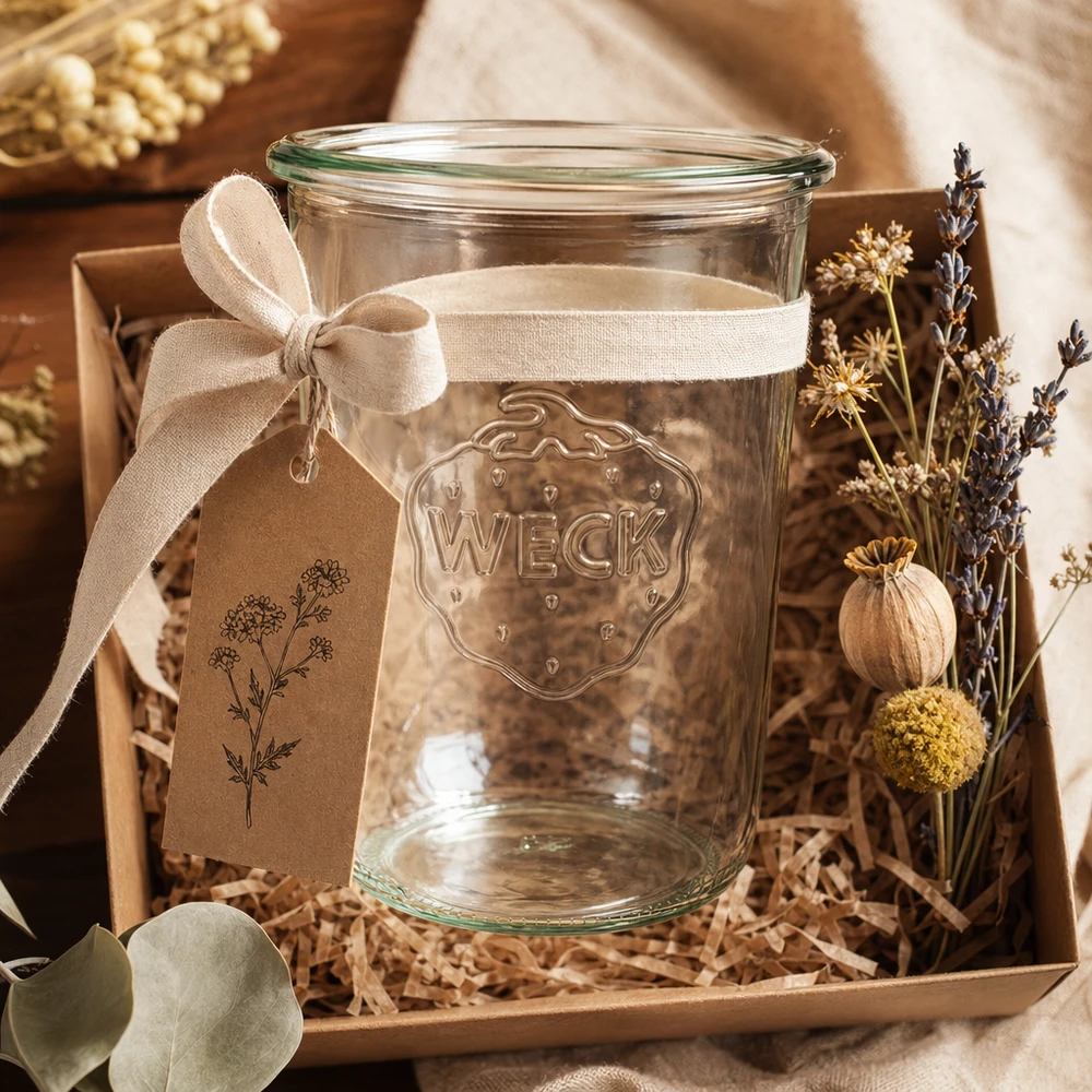 850ml Sturzglas WECK RR100 850ml WECK Sturzglas RR100 mit Schleifenband und getrockneten Blumen in Geschenkbox auf Holzhintergrund