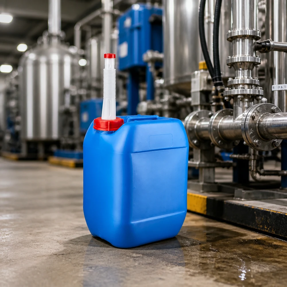 Stapelbarer Flüssigkeitsbehälter 10 Liter blau mit flexiblem Ausgießer in Industriehalle