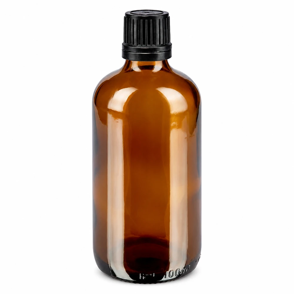 Tropfflasche 100ml aus UV-schützendem Braunglas mit schwarzem Originalitätsverschluss für ätherische Öle