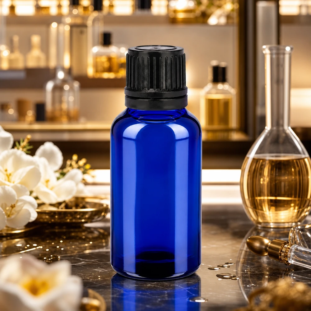 Elegante blaue 20ml Glasflasche mit mattschwarzem Verschluss für hochwertige Naturprodukte
