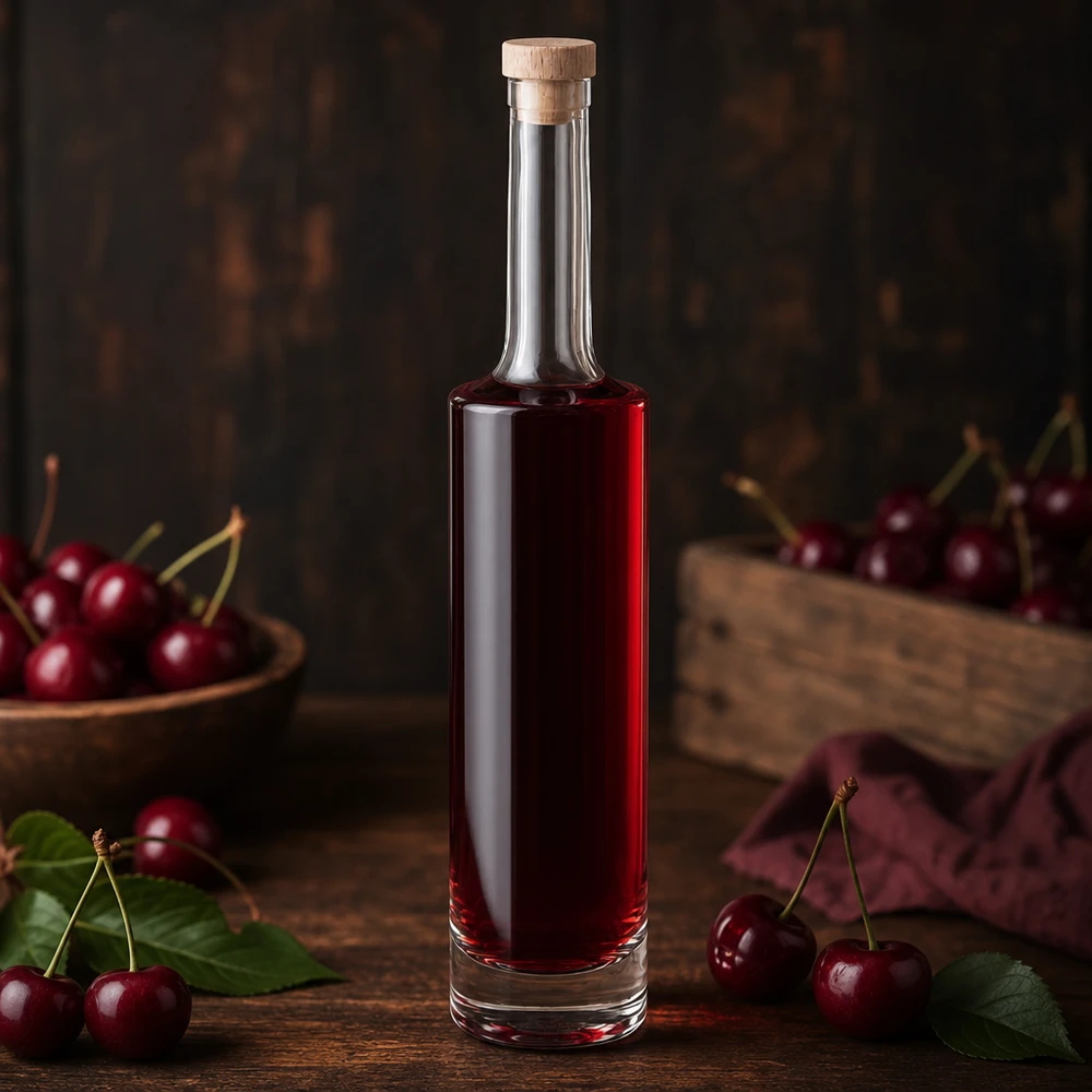 500ml Glasflasche "Rosa" mit Holzgriffkorken UNiTWIST® 500ml Glasflasche Rosa mit rotem Kirschlikör gefüllt umgeben von frischen Kirschen auf rustikalem Holztisch