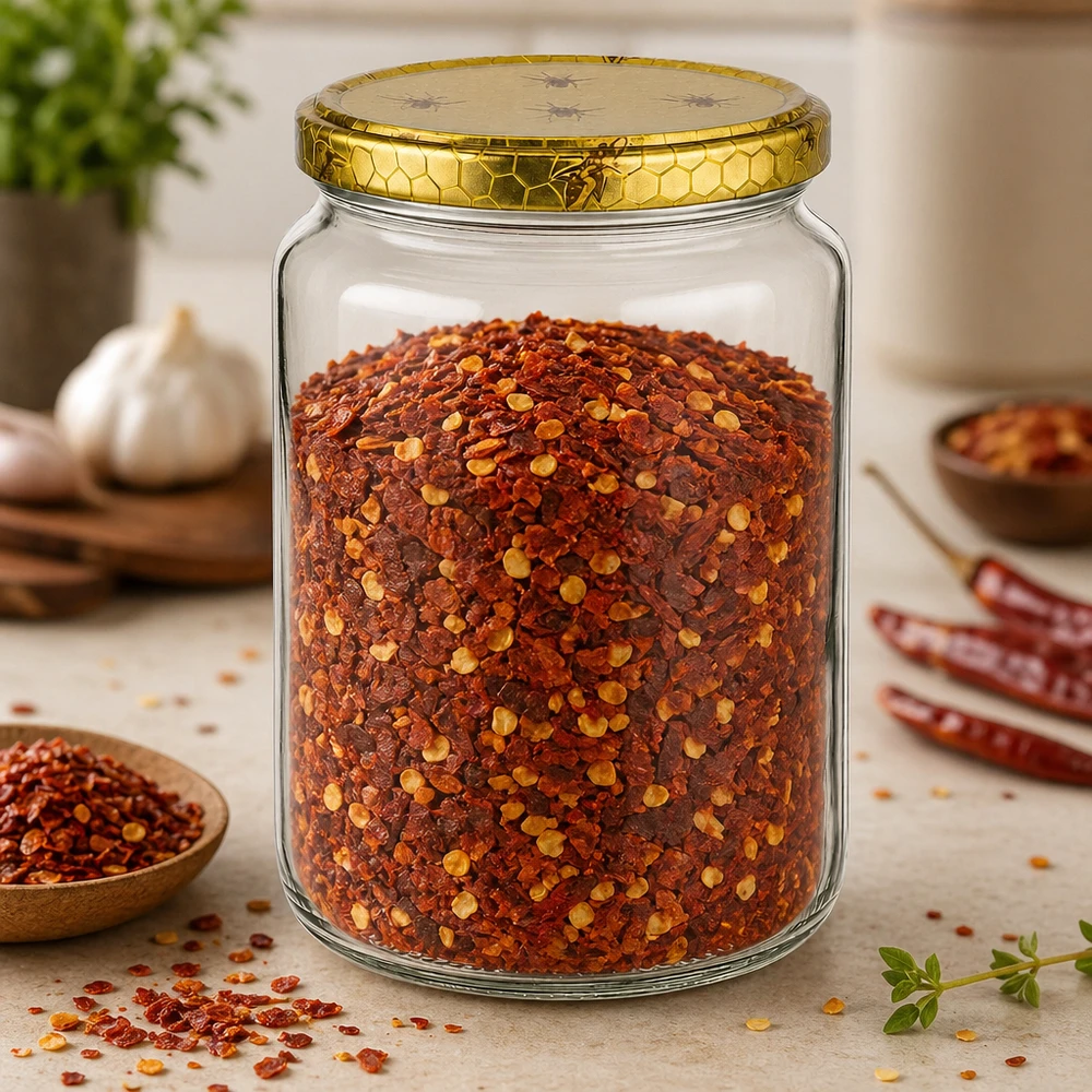 1000g Honigglas mit Bienenwaben-Deckel gefüllt mit Chilliflocken und Gewürzen auf Holztisch Küche Imkereibedarf