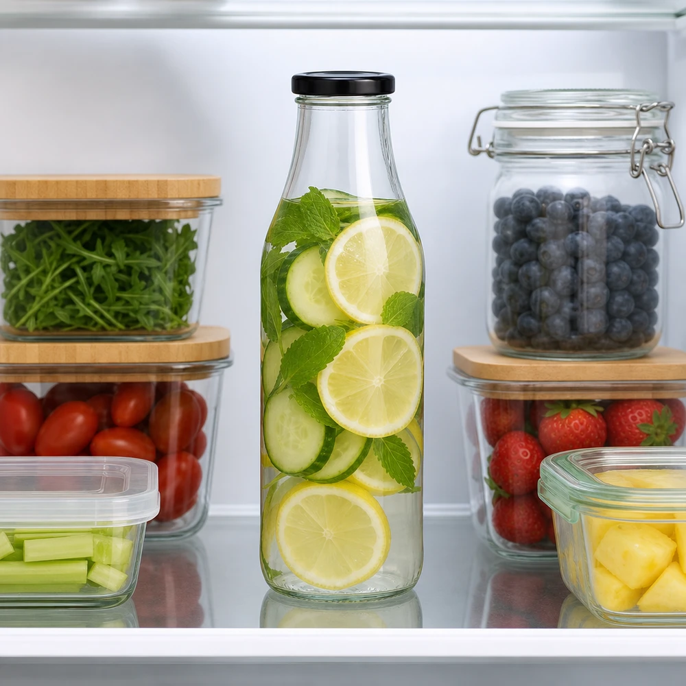 1000ml Glasflasche + BasicSeal Deckel schwarz UNiTWIST 1000ml Glasflasche mit Gurken-Zitronen-Infused-Water im Kühlschrank zwischen frischem Obst und Gemüse
