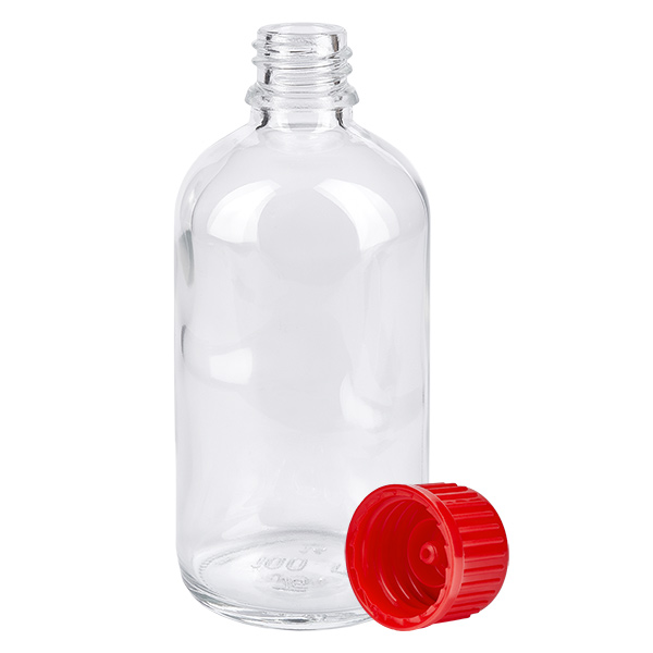 100ml Flasche 11mm Schraubverschluss rot Standard ClearLine UT18/100 Kleine Klarglasflasche 100ml mit abgenommenem roten Schraubverschluss ClearLine