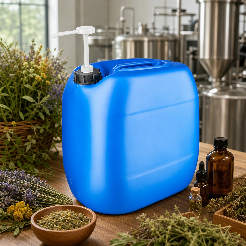 Tragbarer 30 Liter Kanister blau mit Pumpspender neben Bernsteinflaschen und getrockneten Kräutern