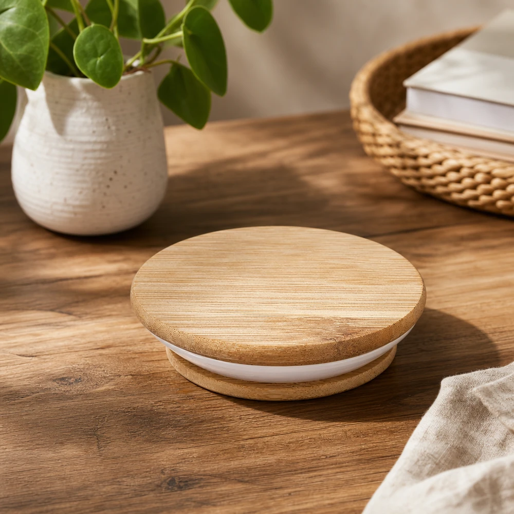 Holzdeckel WECK RR60 auf Holztisch in natürlichem Ambiente mit Pflanze und Korb als Lifestyle Produktfotografie