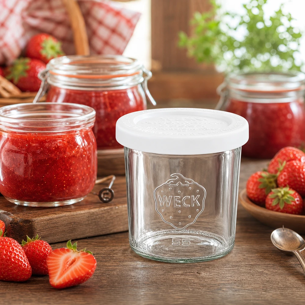 140ml Sturzglas mit Frischedeckel WECK RR60 WECK 140ml Einmachglas mit Erdbeeren und Marmelade auf Holztisch - Sturzglas RR60 für Konfitüre und Aufstriche