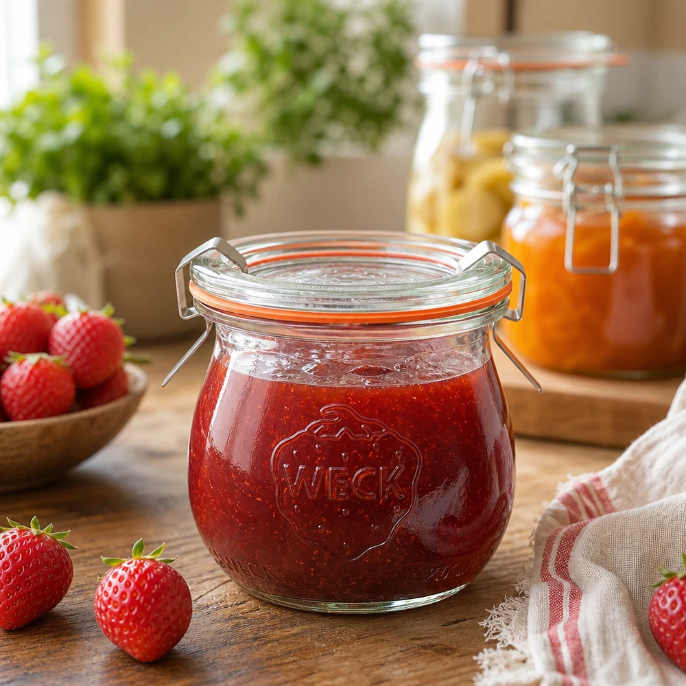 75ml Tulpenglas komplett WECK RR40 WECK Tulpenglas 75ml mit Erdbeermarmelade befüllt in rustikaler Küchenszene mit frischen Erdbeeren und Marmeladengläsern