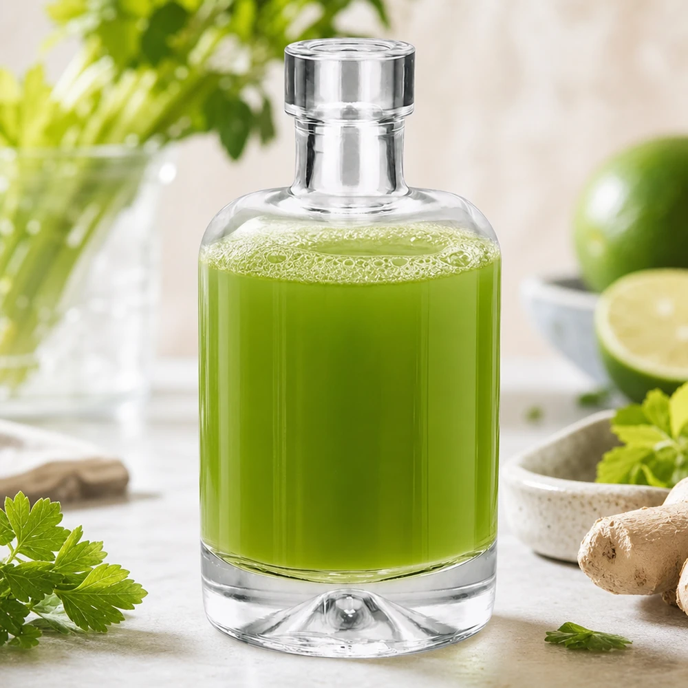 50ml Glasflasche "Attila" ohne Verschluss UNiTWIST® 50ml Glasflasche Amelie mit grünem Kräuterextrakt befüllt neben frischen Kräutern und Limette zeigt Naturkosmetik Anwend