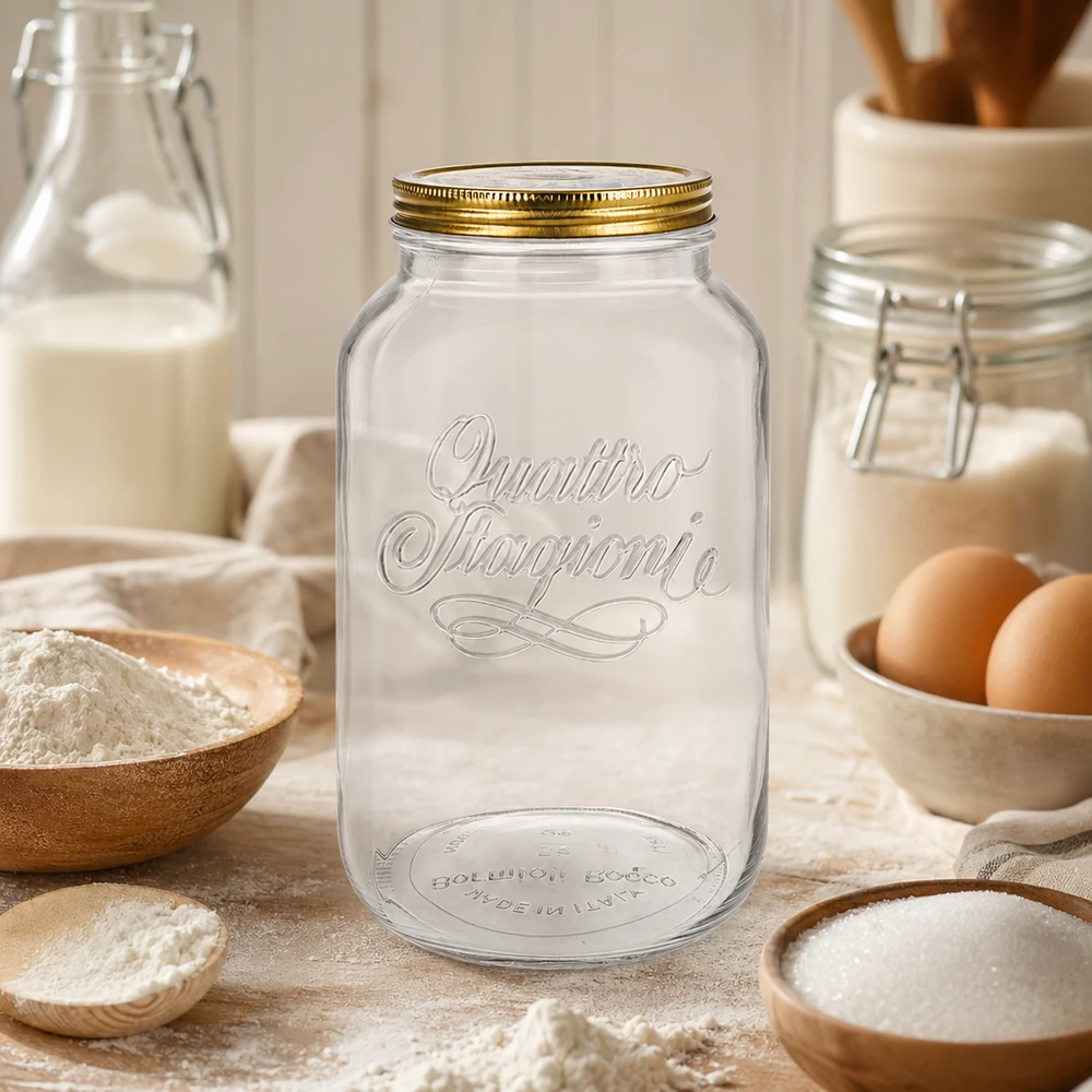 3800ml Rundglas "Quattro Stagioni" mit Deckel Quattro Stagioni 3800ml Rundglas in rustikaler Küche umgeben von Backzutaten Mehl Eiern und Milch Vorratsglas