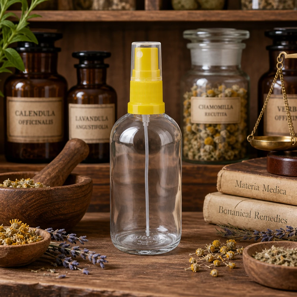 100ml Sprayflasche gelb/transparent Standardverschluss ClearLine UT18/100 Leere Sprühflasche 100ml gelber Aufsatz befüllbar für Aromatherapie und botanische Anwendungen
