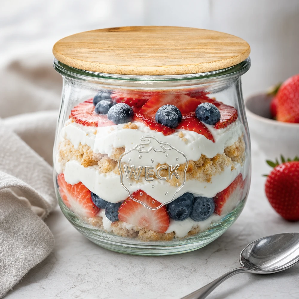 WECK Tulpenglas 370ml RR80 mit Holzdeckel als Dessertglas mit Beeren-Trifle und Sahne gefüllt auf weißer Oberfläche