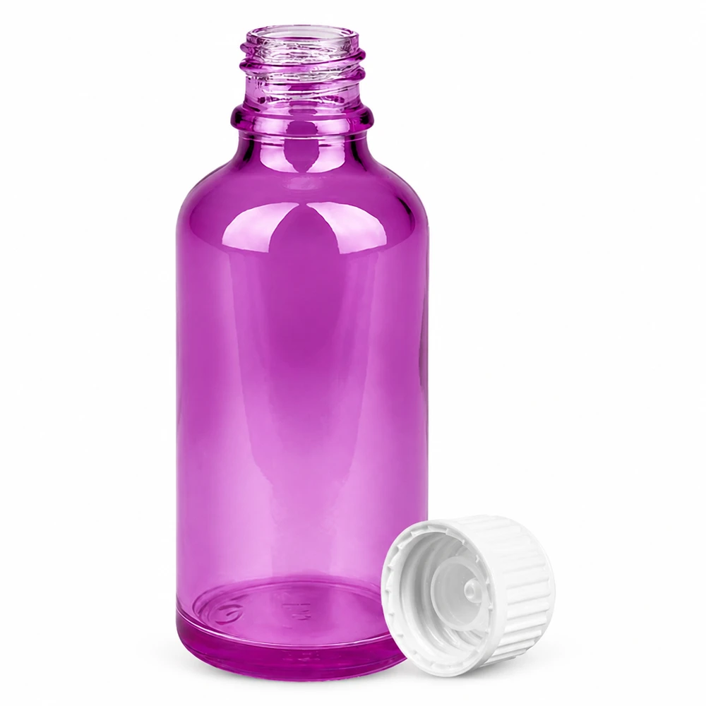 50ml (Globuli)Flasche 3mm Giessring weiß Standard PurpleLine. UT18/50 Kompakte violette Glasflasche 50ml Füllmenge mit kindersicherem Verschluss