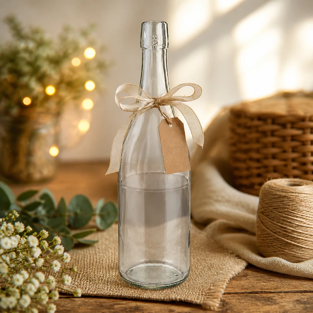 750ml UNiTWIST Glasflasche dekorativ mit Schleife und Geschenkanhänger rustikal inszeniert Bastelmaterial Jute