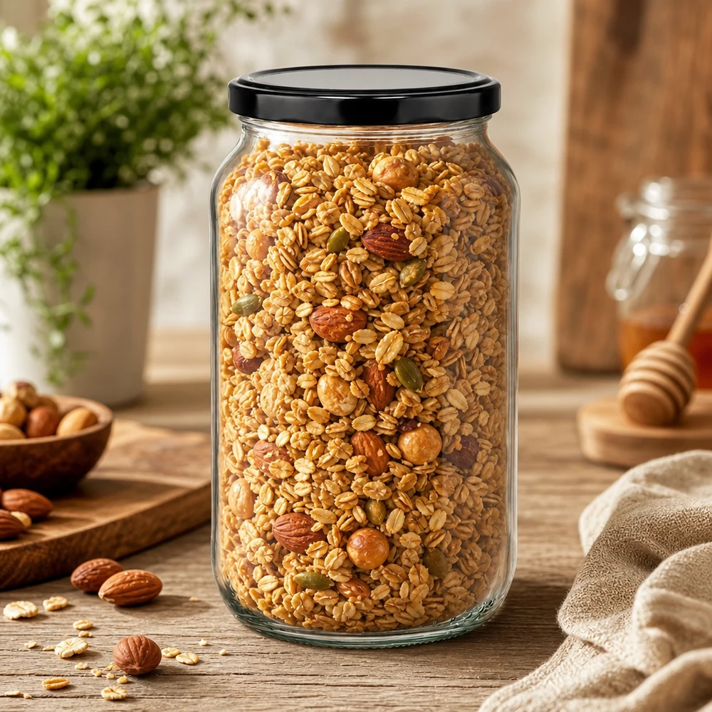 1062ml Rundglas mit Müsli und Nüssen gefüllt - großes Vorratsglas mit schwarzem Deckel für trockene Lebensmittel