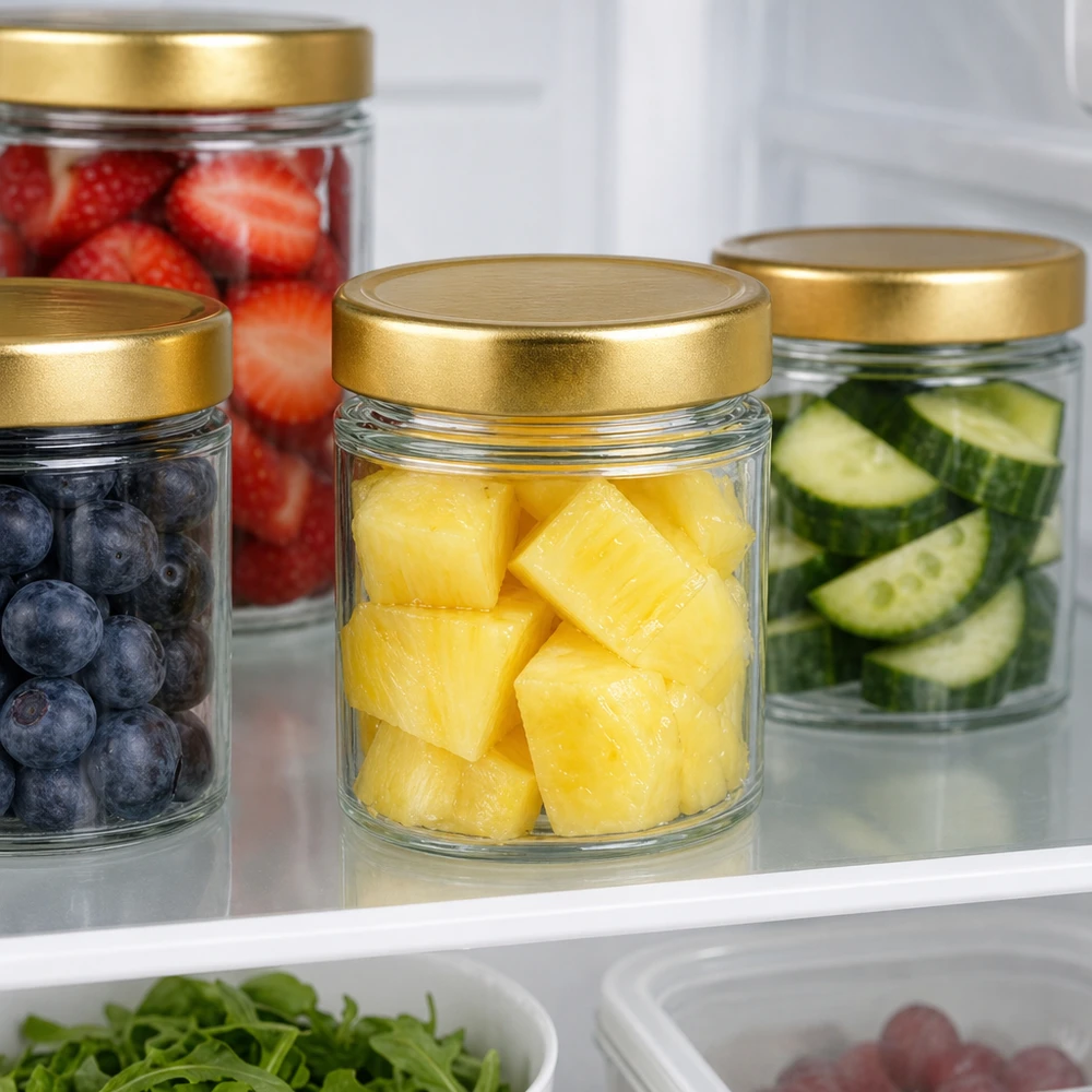 154ml Rundglas mit BasicSeal Deckel gold deep UNiTWIST 154ml Rundglas BasicSeal gold im Kühlschrank mit Obst Ananas Beeren Gurken frische Lebensmittel Meal Prep Aufbewahrung