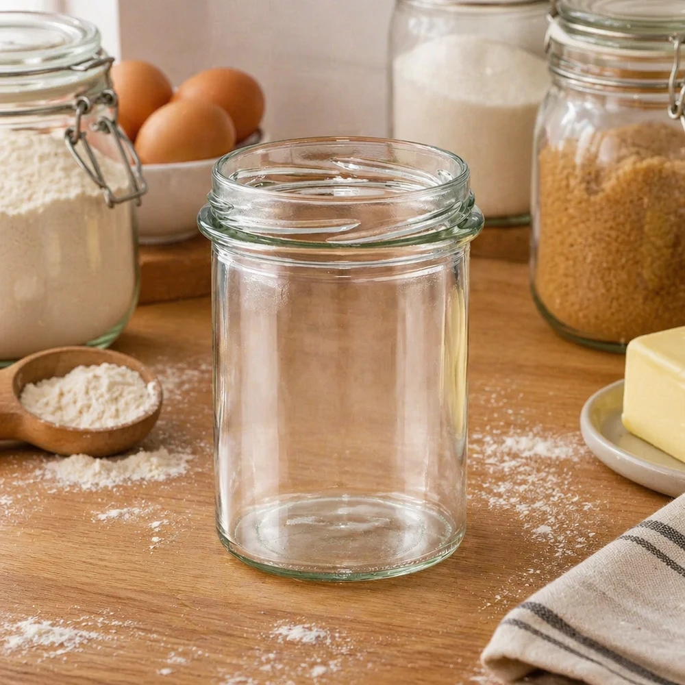 230ml Sturzglas ohne Deckel (TO66) UNiTWIST UNiTWIST Sturz230 Sturzglas 230ml TO66 leer auf Holztisch zwischen Backzutaten Mehl Eiern und Einmachgläsern