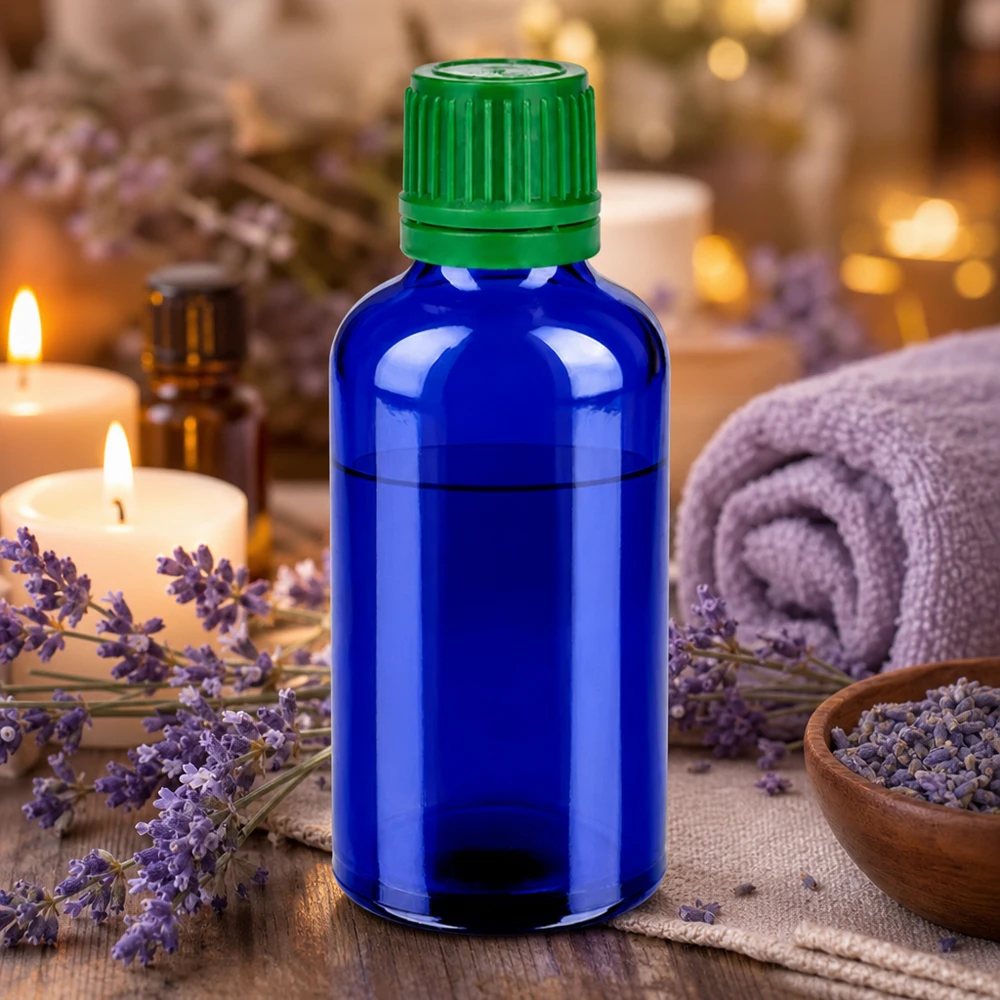 Lichtschutz-Glasflasche 50ml in tiefem Blau mit grünem Schraubverschluss für empfindliche Substanzen