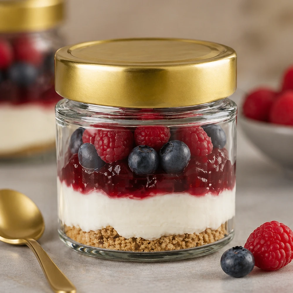 154ml Rundglas BasicSeal gold gefüllt mit Dessert Joghurt Beeren Blaubeeren Himbeeren Crumble Schichtdessert