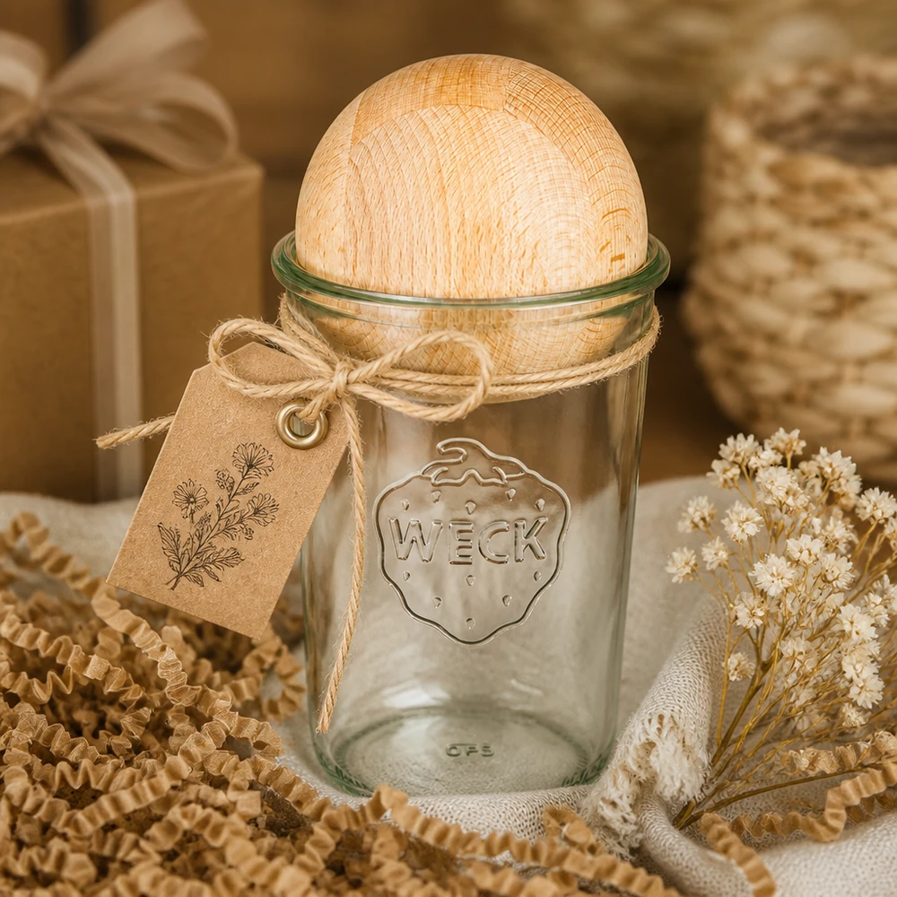 WECK RR100 Sturzglas 850ml mit Buche-Holzkugel als Geschenkidee, dekoriert mit Bastelpapier und Trockenblumen