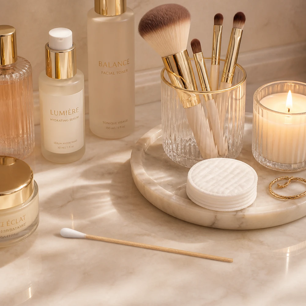 Wattestäbchen UNSTERIL Wattestäbchen unsteril mit weißem Wattekopf und Bambusstiel im Beauty-Routine-Stillleben