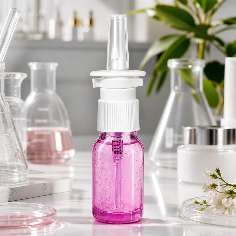 10ml Nasensprayflasche weiß/transparent Standard PurpleLine. UT18/10 10ml Nasensprayflasche Purple Light mit Standardgewinde für medizinische Sprühlösungen