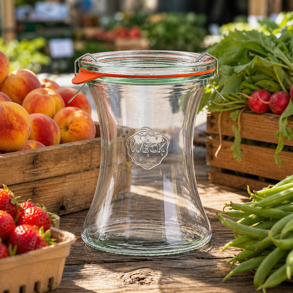 370ml Delikatessenglas komplett WECK RR80 WECK Delikatessenglas 370ml RR80 auf Holztisch mit frischem Obst Gemüse Marktstand Atmosphäre natürliche Präsentation