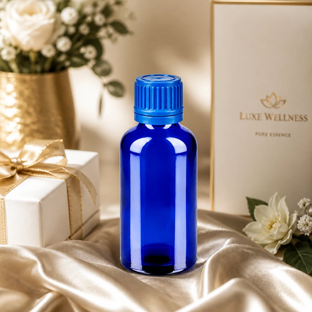 50ml Flasche 11mm Schraubverschluss blau Originalitätsverschluss BlueLine UT18/50 Elegante 50ml Blauglasflasche mit Originalitätsverschluss für hochwertige Pflegeprodukte und Seren