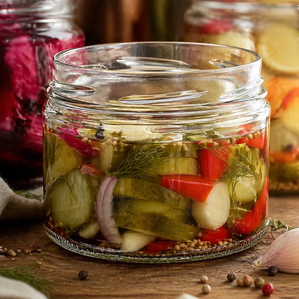 540ml Rundglas ohne Deckel (TO100) UNiTWIST UNiTWIST Runda540 Sturzglas 540ml TO100 mit eingelegtem Gemüse Gurken Paprika Zwiebeln Dill Einlegen Pickles