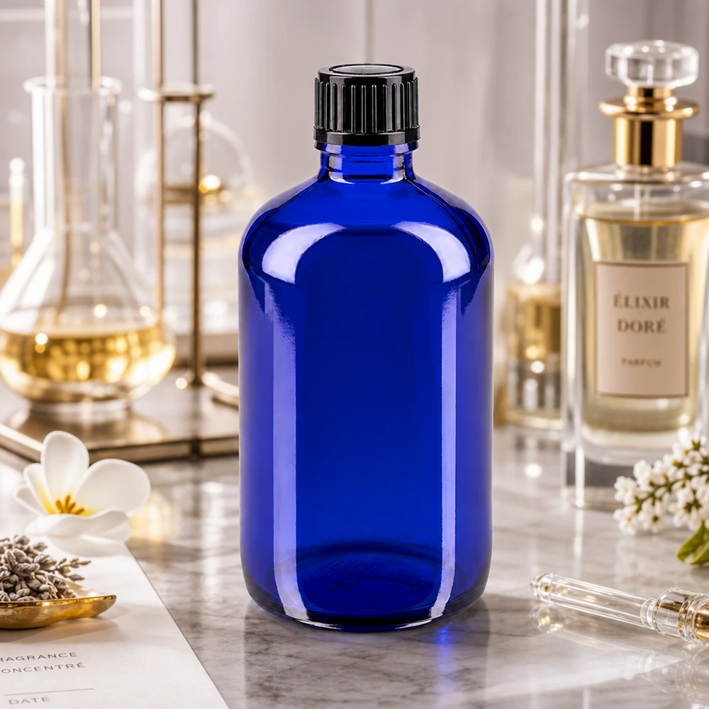 Apothekenflasche blau 100ml Schraubverschluss schwarz Standard Lichtschutzflasche blau 100ml Glas mit schwarzem Verschluss für Parfümherstellung