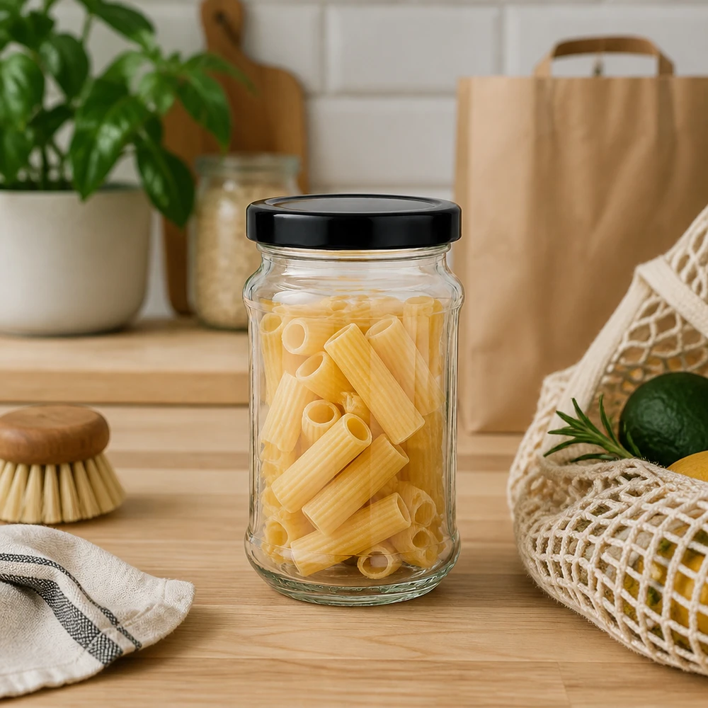 390ml Rundglas mit schwarzem BasicSeal Deckel gefüllt mit Nudeln auf Holzarbeitsplatte - ideale Pastaaufbewahrung