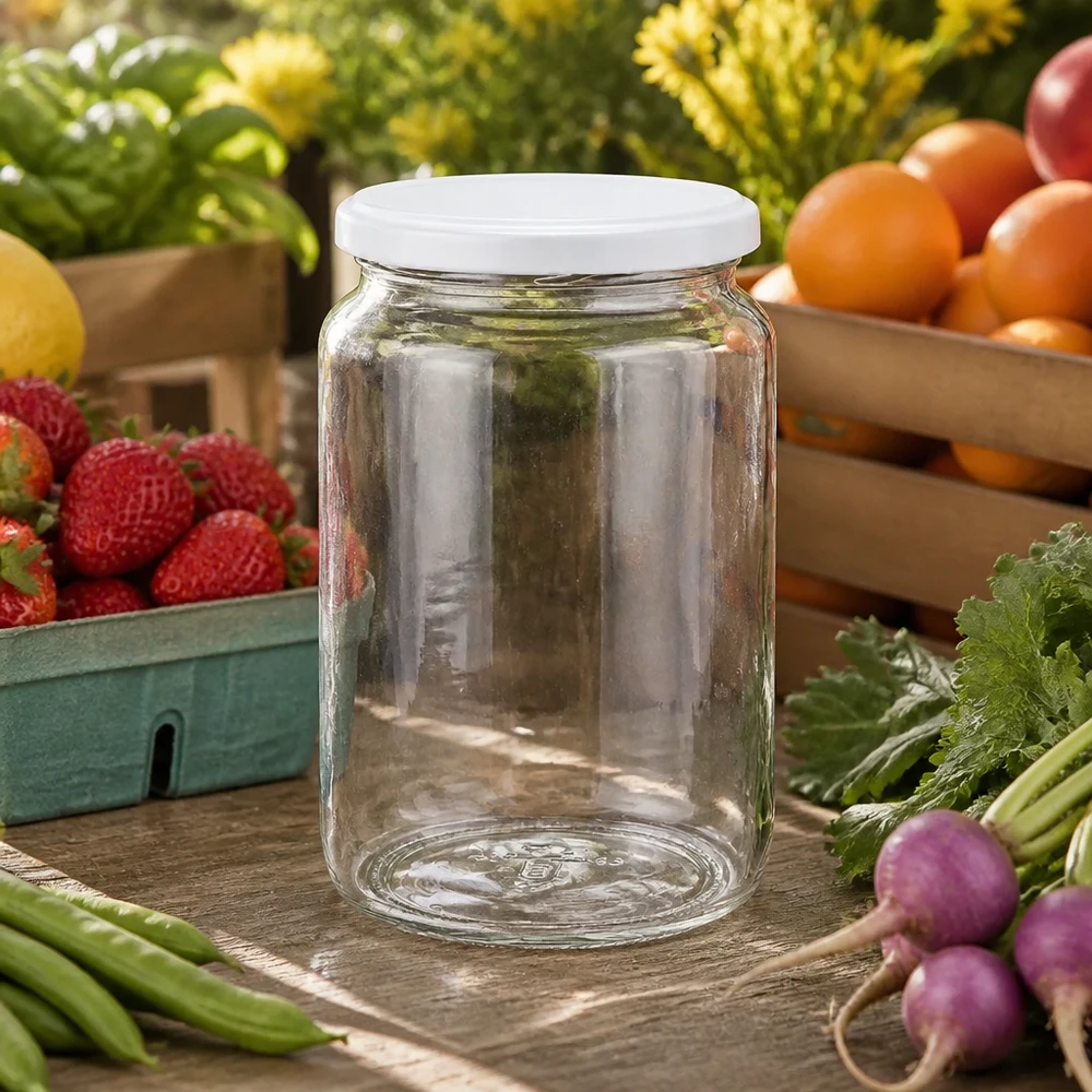 795ml Rundglas mit BasicSeal Deckel weiß UNiTWIST Klares 795ml Rundglas mit weißem Deckel inmitten von frischem Obst und Gemüse - perfekt für Marmelade und Eingemachtes
