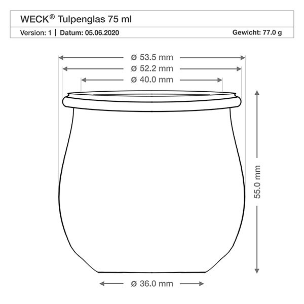 75ml Tulpenglas WECK RR40 mit Korken natur Technische Zeichnung WECK Tulpenglas 75ml RR40 mit Maßangaben Durchmesser Höhe Gewicht Produktspezifikation