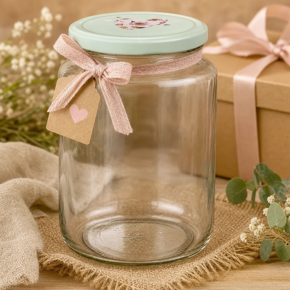 795ml Rundglas + BasicSeal Deckel Herz mint UNiTWIST 795ml Rundglas mit mint BasicSeal Herzdeckel dekoriert mit rosa Schleife und Geschenkanhänger als Geschenkidee
