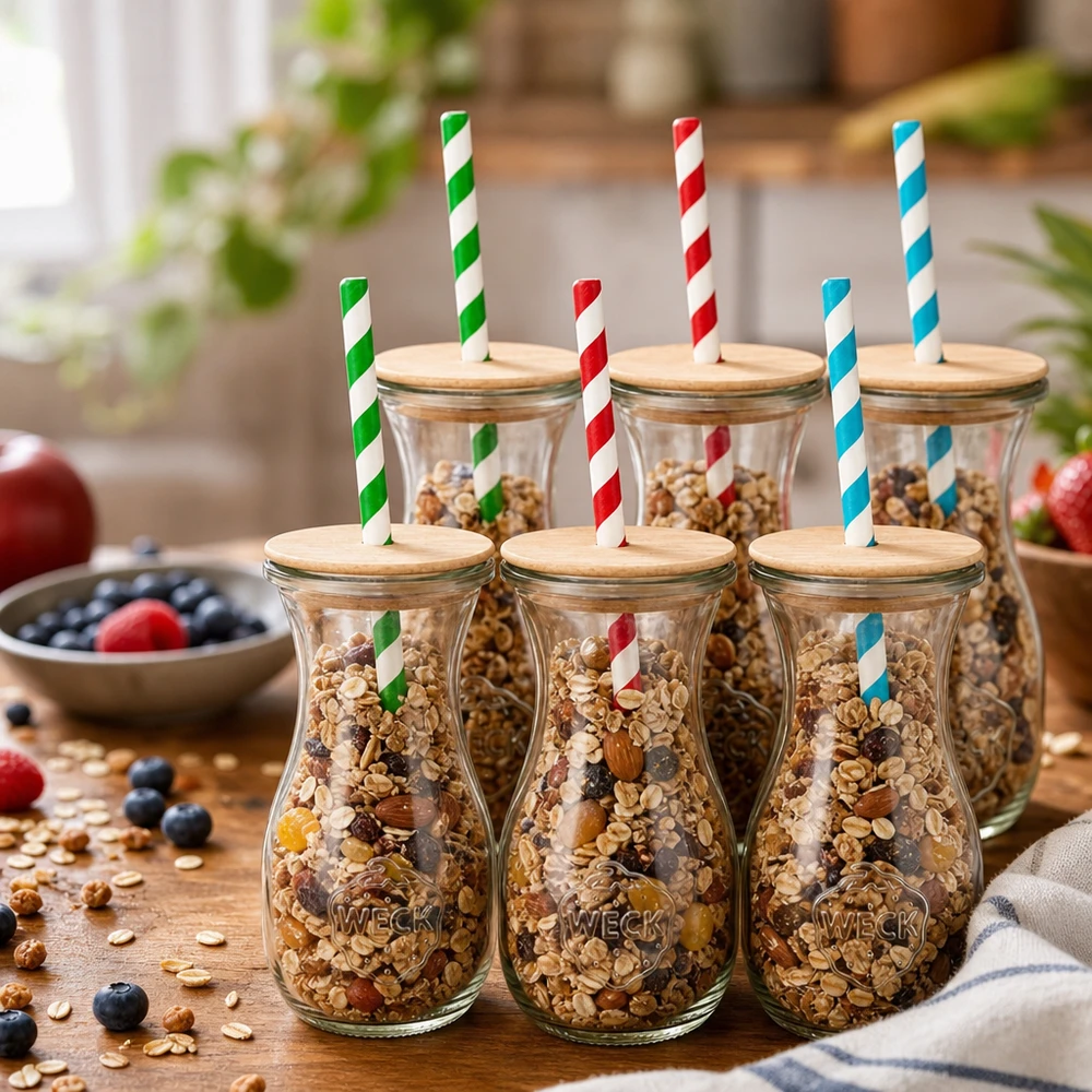WECK Saftflaschen 290ml gefüllt mit Müsli Nüssen als Vorratsgläser Holzdeckel bunte Papierstrohhalme Küchendeko