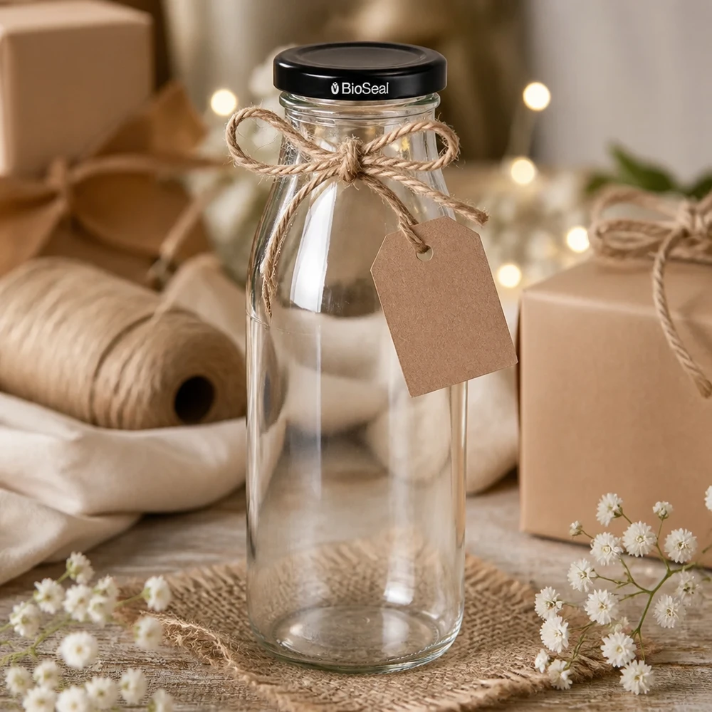 500ml Glasflasche mit Juteschnur und Geschenkanhänger dekoriert als Geschenkidee neben Bastelmaterial