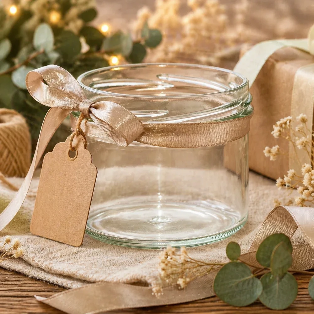 225ml Sturzglas ohne Deckel (TO82) UNiTWIST UNiTWIST Sturz225 Sturzglas 225ml TO82 leer mit goldener Schleife und Geschenkanhänger auf rustikalem Holztisch