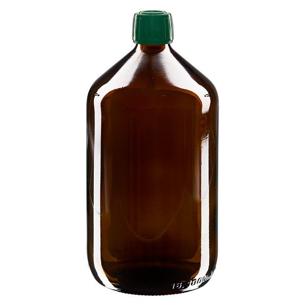 1000ml Medizinflasche braun, Verschluss grün mit Originalitätsring ApoGlas 1000ml Medizinflasche braun, Verschluss grün mit Originalitätsring ApoGlas