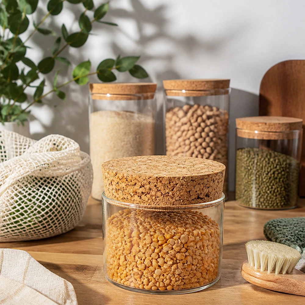 Korken für Öffnung 40mm WECK RR40 (ø38/43, H=20mm) Nachhaltige Vorratsdosen mit Korkdeckeln und WECK Korken RR40 in moderner Küche zero waste Aufbewahrung Naturkork
