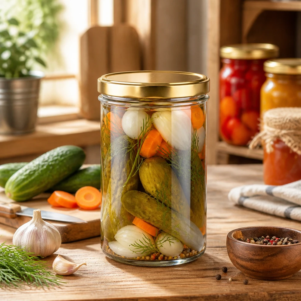 277ml Sturzglas mit BasicSeal Deckel gold UNiTWIST 277ml Sturzglas gold mit eingelegtem Gemüse Gurken Karotten Dill als Einmachglas für Konserven und Pickles