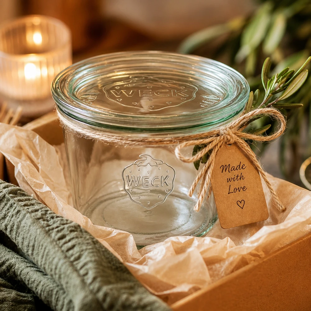 370ml Sturzglas mit Glasdeckel WECK RR100 WECK Einmachglas 370ml RR100 als Geschenk verpackt mit Bastband und Made with Love Anhänger in Geschenkbox