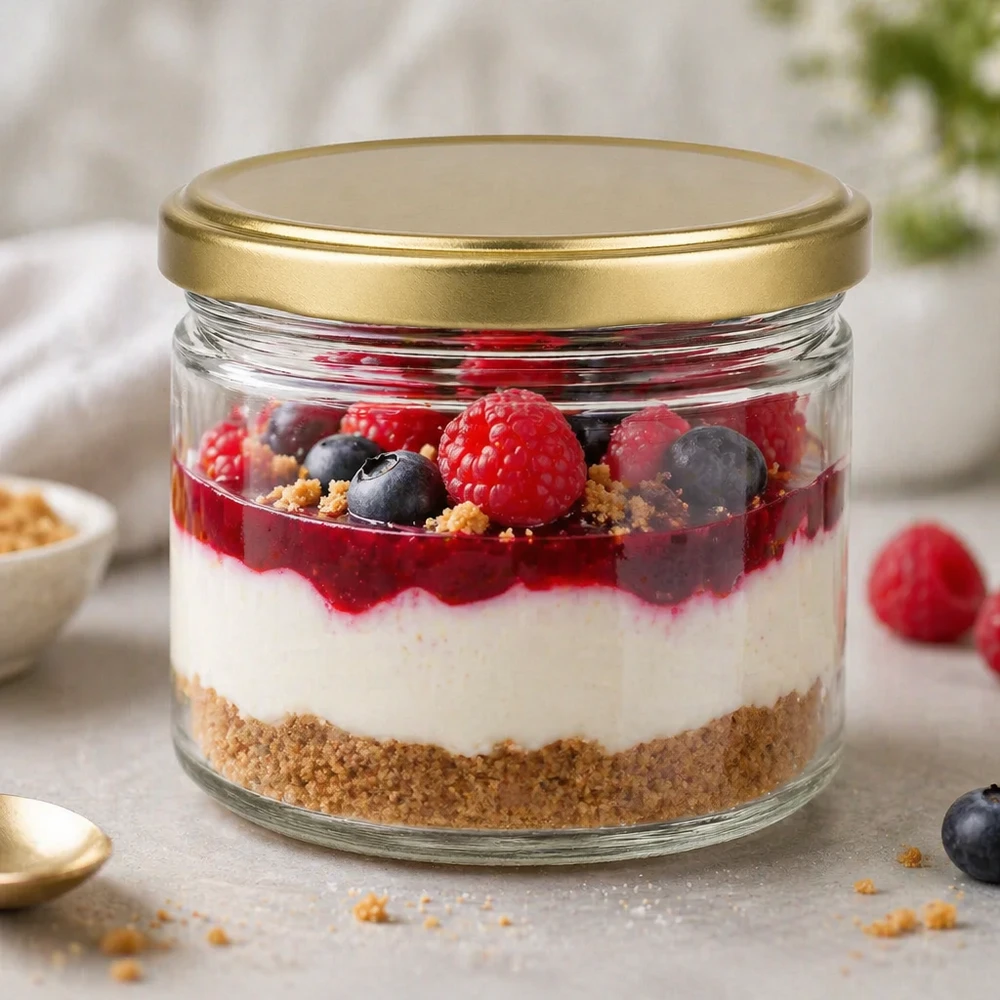 700g Honigglas BasicSeal mit goldenem Deckel als Dessertglas für Schichtdessert mit Beeren und Keksboden