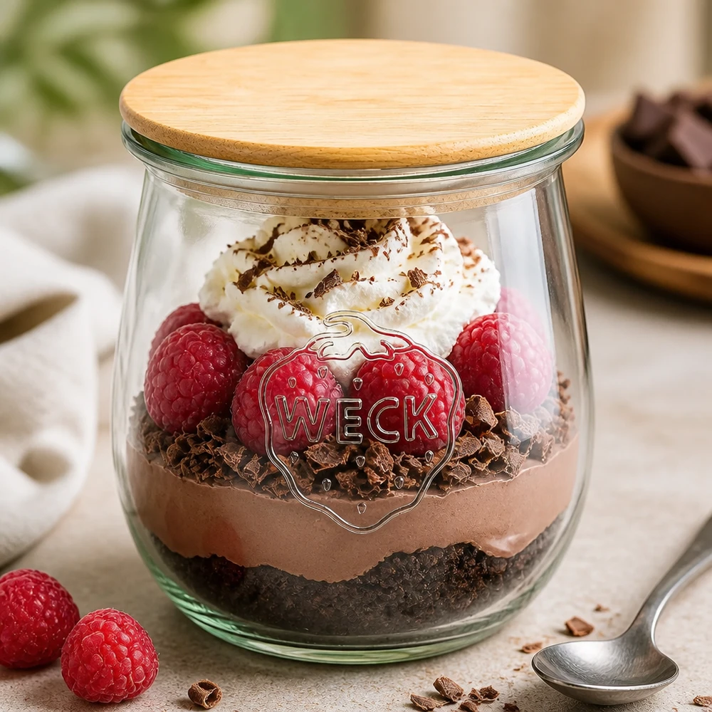 220ml Tulpenglas WECK RR60 mit Holzdeckel WECK Tulpenglas 220ml RR60 mit Holzdeckel als Dessertglas - Schokoladenmousse mit Himbeeren und Sahne im Einmachglas