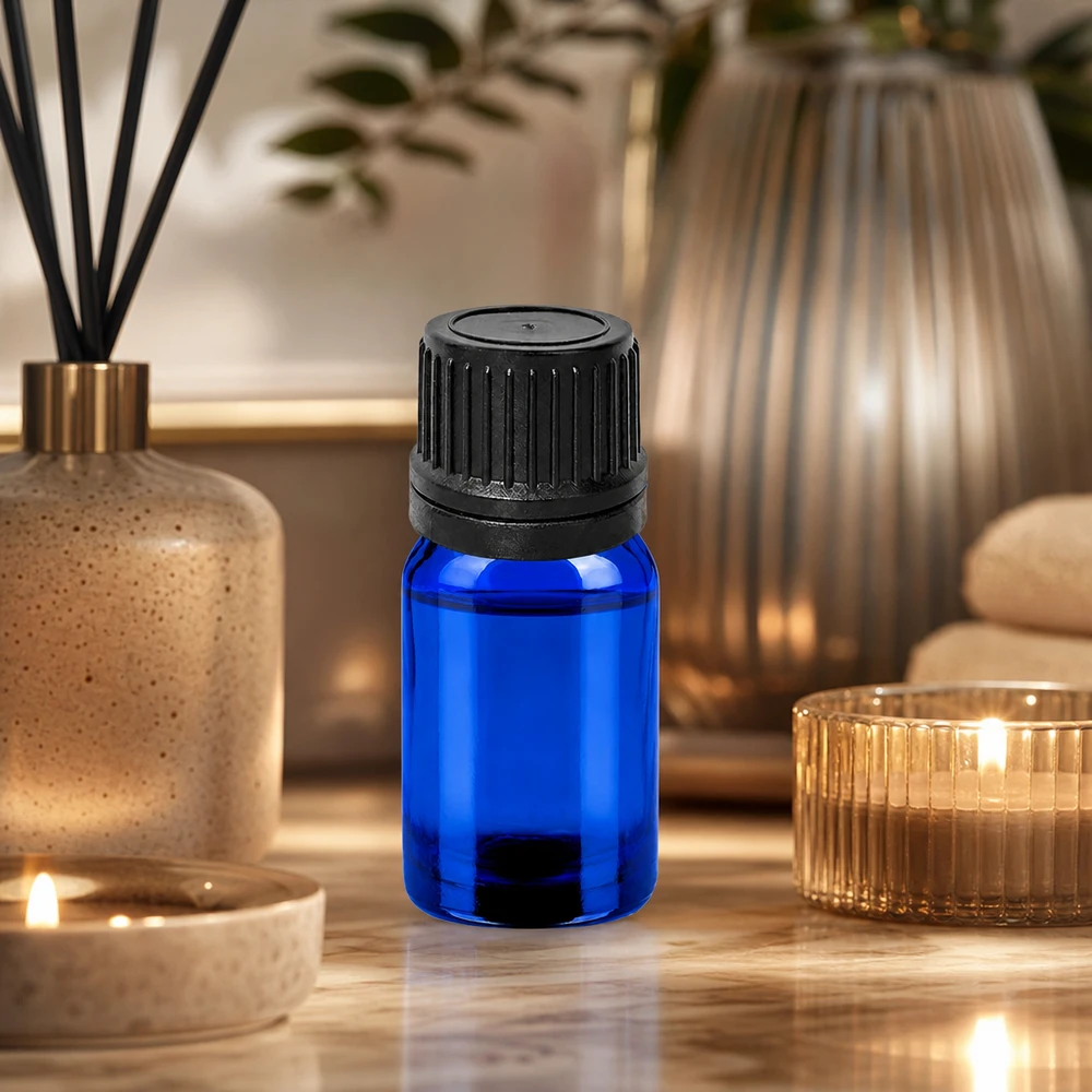 Stilvolle blaue 5ml Glasflasche mit schwarzem Tropfverschluss für Aromatherapie und Naturkosmetik