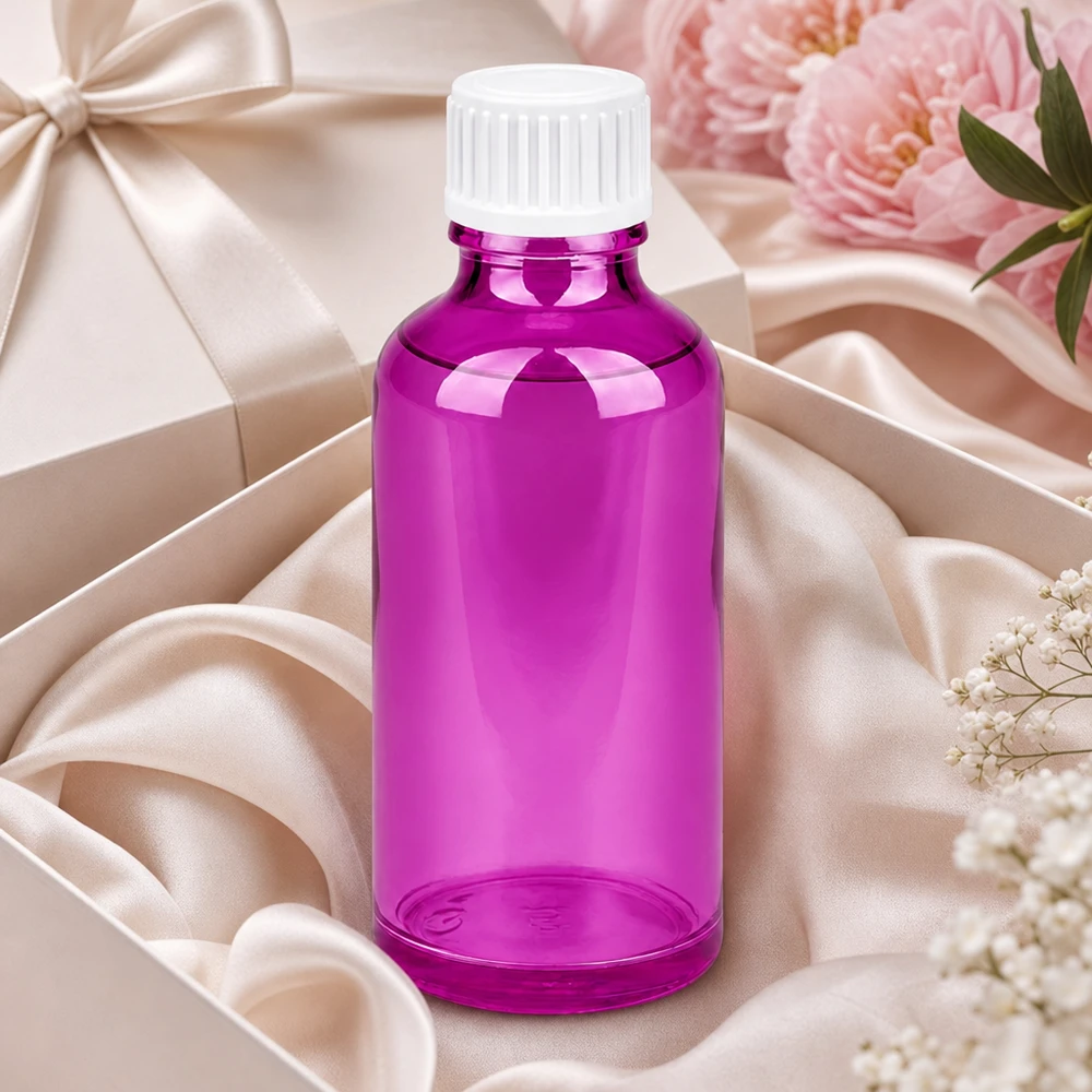 Elegante 50ml Glasflasche in Purple-Optik perfekt als Geschenkverpackung für Wellness-Produkte