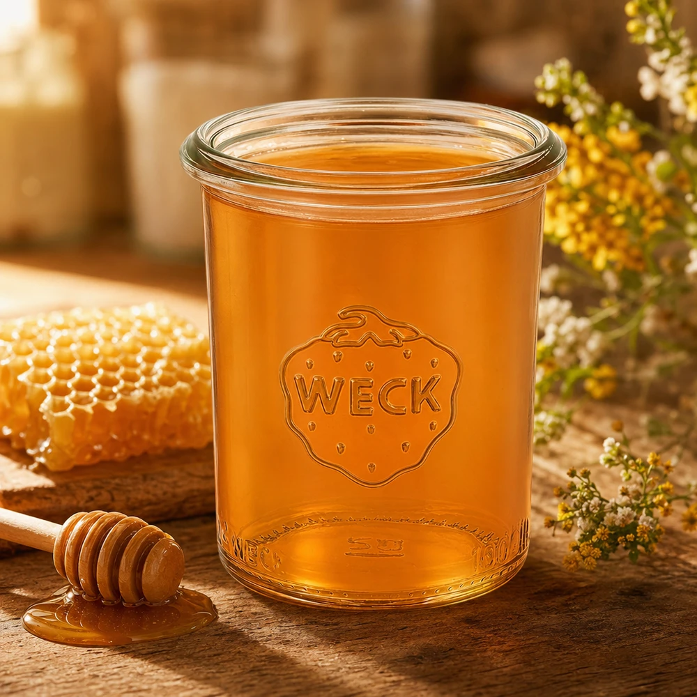 160ml Sturzglas WECK RR60 160ml Sturzglas WECK RR60 mit Honig gefüllt auf Holztisch mit Bienenwabe und Honiglöffel natürliche Dekoration