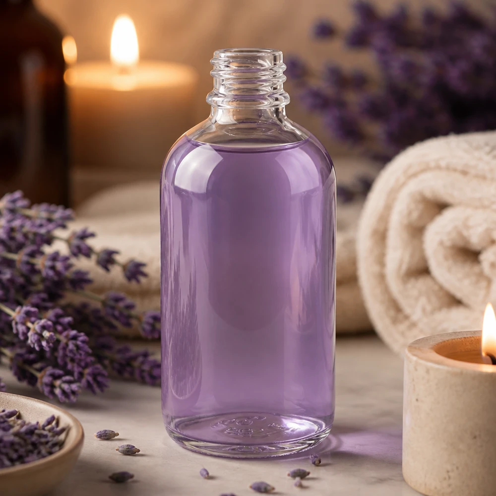 100ml Apothekenflasche ClearLine UT18/100 UNiTWIST Transparente 100ml Glasflasche mit Schraubverschluss DIN18 gefüllt mit violettem Lavendelwasser